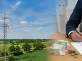 Słup linii wysokiego napięcia oraz pieniądze i dokumenty na biurku - różnice: służebność przesyłu a odszkodowanie.