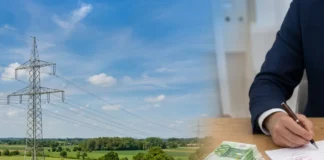 Służebność przesyłu – czym różni się od odszkodowania? Słup linii wysokiego napięcia oraz pieniądze i dokumenty na biurku - różnice: służebność przesyłu a odszkodowanie.
